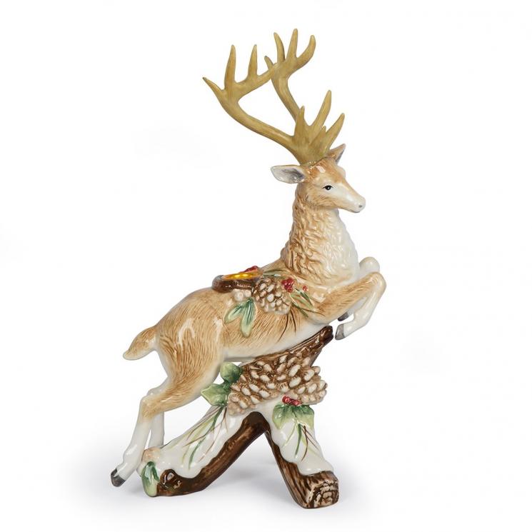 Керамический подсвечник в виде статуэтки оленя с декором из шишек "Лесной мороз" Fitz and Floyd - фото