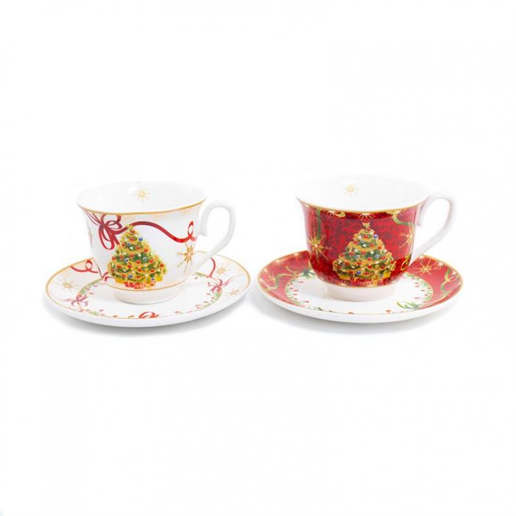 Подарочный новогодний набор из 2 чайных чашек с блюдцами "Яркие завитки" Palais Royal - фото