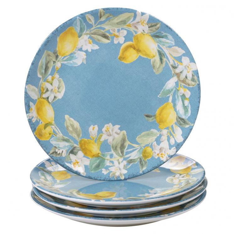 Набор из 4-х голубых обеденных тарелок с растительным венком "Спелый лимон" Certified International - фото