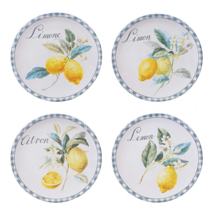 Набор из 4-х салатных тарелок из керамики с принтами и клетчатой каймой "Спелый лимон" Certified International - фото