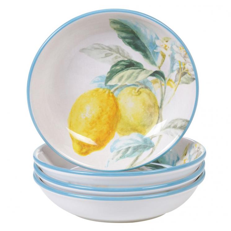 Набор из 4-х тарелок для супа белого цвета с каймой нежно-голубого цвета "Спелый лимон" Certified International - фото