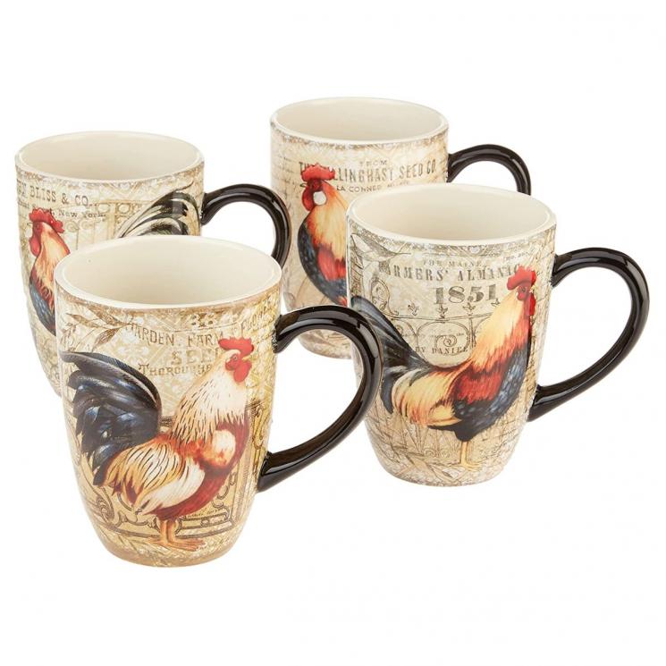 Набор из 4-х больших керамических чайных кружек с изображениями ярких птиц "Золотой петух" Certified International - фото