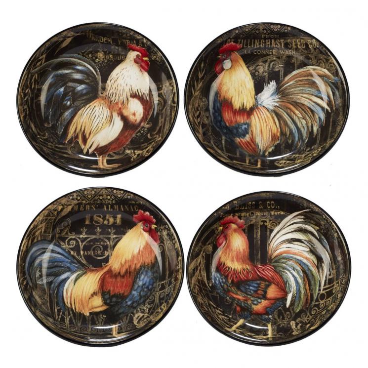 Набор из 4-х темных суповых тарелок с рисунками в деревенском стиле "Золотой петух" Certified International - фото