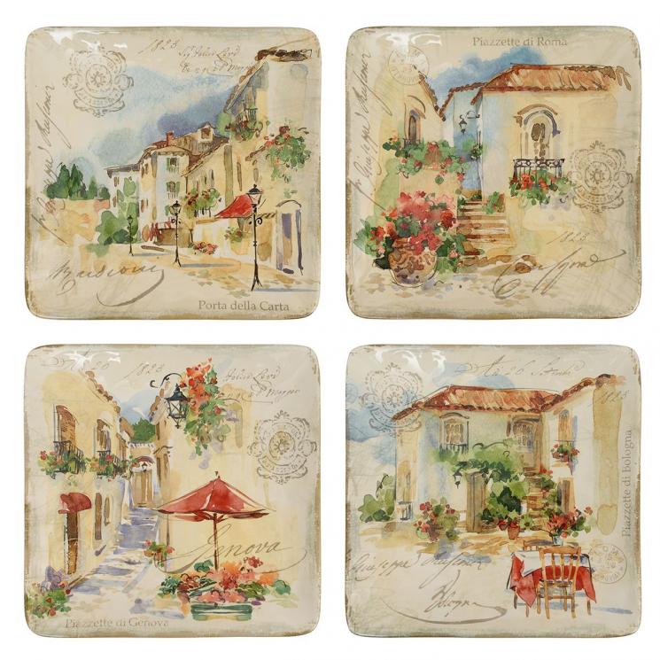 Набор квадратных обеденных тарелок с рисунками итальянских улиц, 4 шт. "Римские каникулы" Certified International - фото