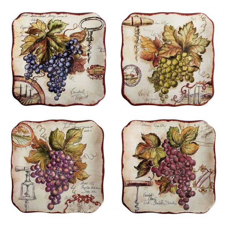 Набор из 4-х тарелок для салата с изображением гроздей винограда "Секреты виноделов" Certified International - фото