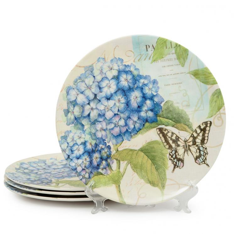 Набор из 4-х меламиновых обеденных тарелок с рисунком бабочки и цветов "Сад гортензий" Certified International - фото