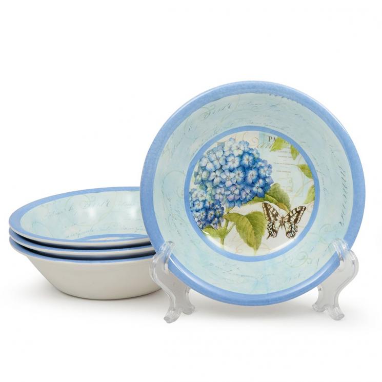 Меламиновые суповые тарелки небесно-голубого цвета, набор 4 шт. "Сад гортензий" Certified International - фото