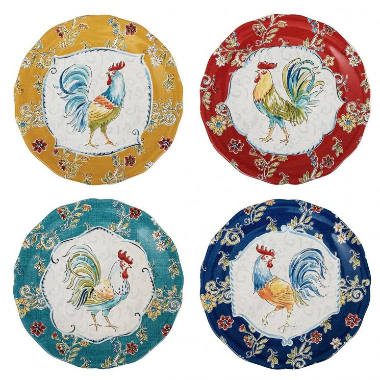 Набор из 4-х разноцветных обеденных тарелок из керамики с петухами "Утро в деревне" Certified International - фото