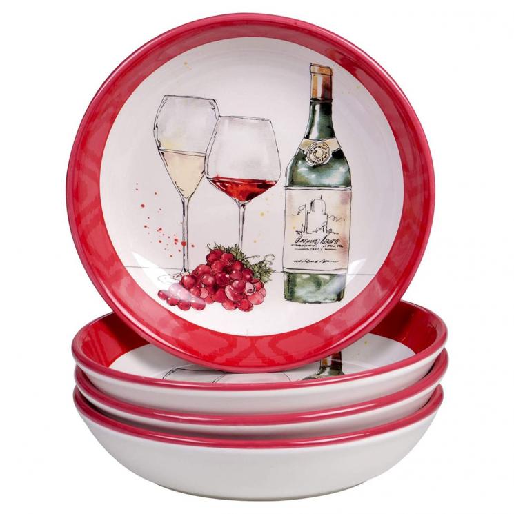 Керамические суповые тарелки с красной каймой и натюрмортом "Праздник молодого вина", 4 шт. Certified International - фото