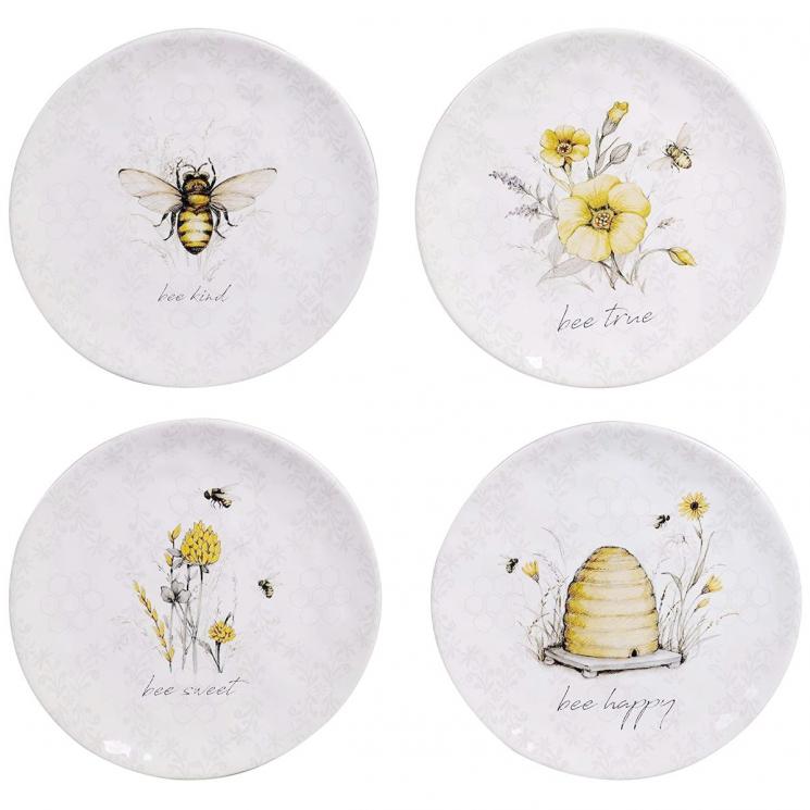 Набор из 4-х тарелок для салата с рисунками полевых цветов, пчел и улья "Сладкий мед" Certified International - фото