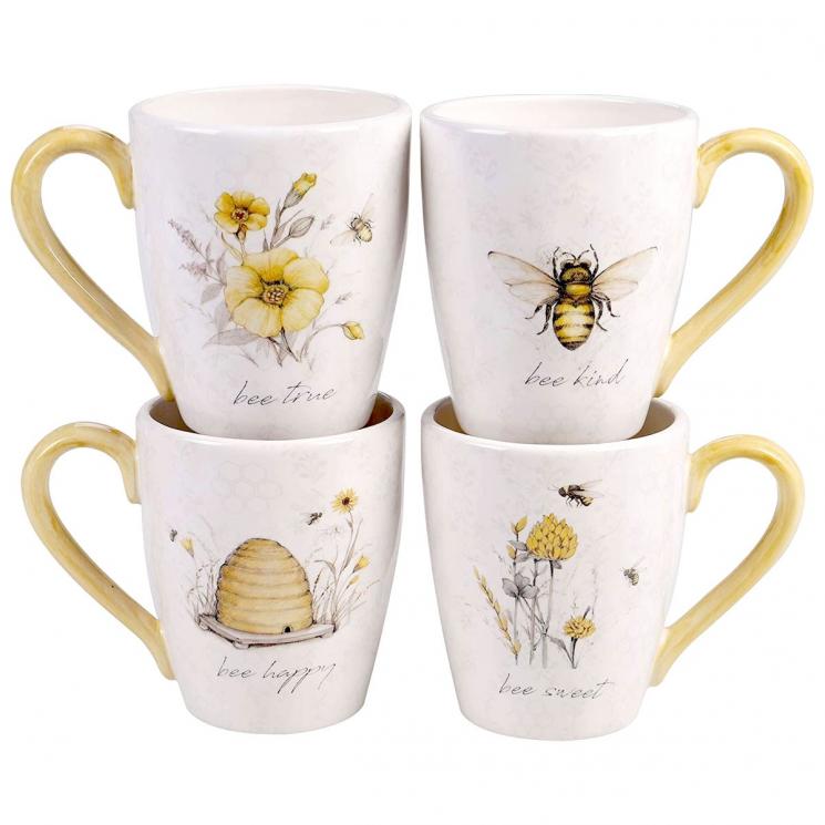 Керамические чашки для чая с рисунками и желтыми ручками набор 4 шт. "Сладкий мед" Certified International - фото