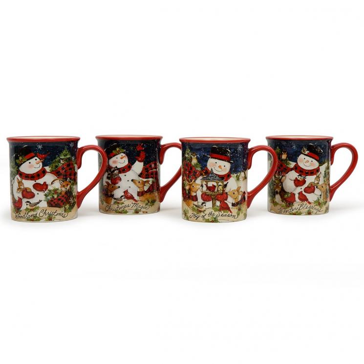 Набор из 4-х керамических чашек для чая с новогодними мотивами "Рождество со снеговиком" Certified International - фото