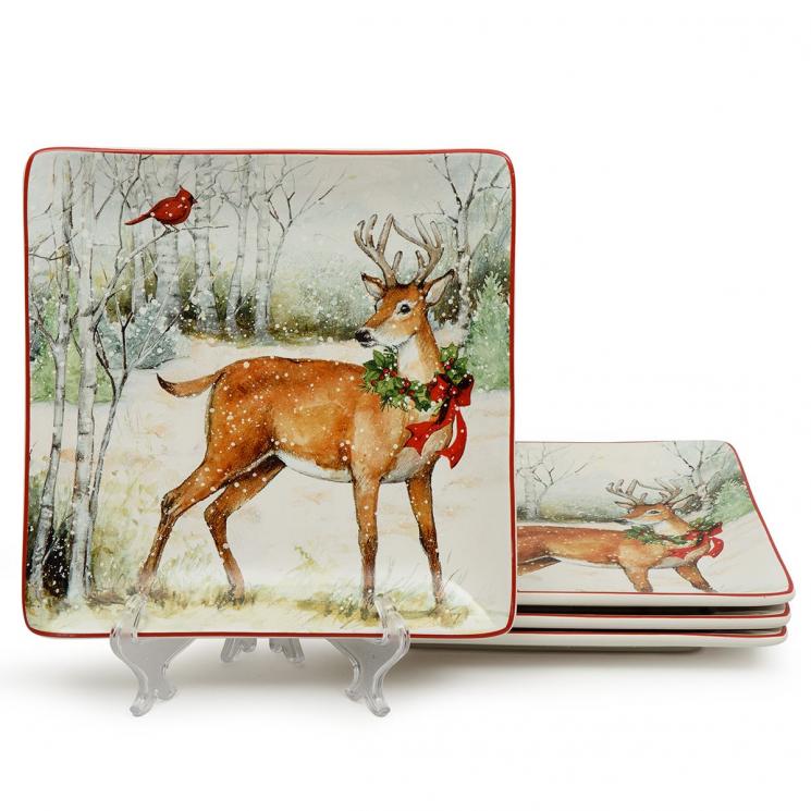 Новогодние обеденные тарелки с изображением оленя и птицы кардинала "Зимний лес" набор 4 шт. Certified International - фото