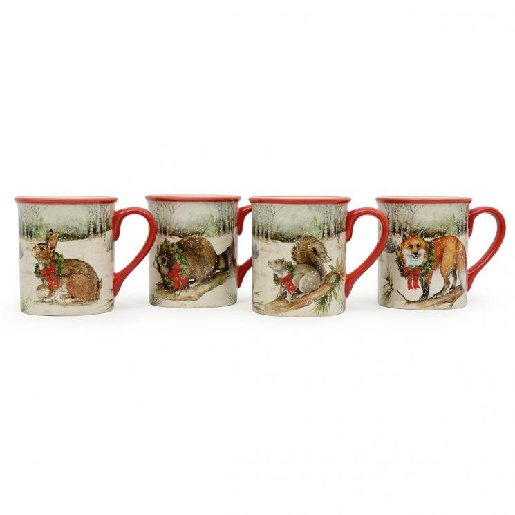 Новогодние чашки для чая с рисунками животных "Зимний лес", набор 4 шт. Certified International - фото