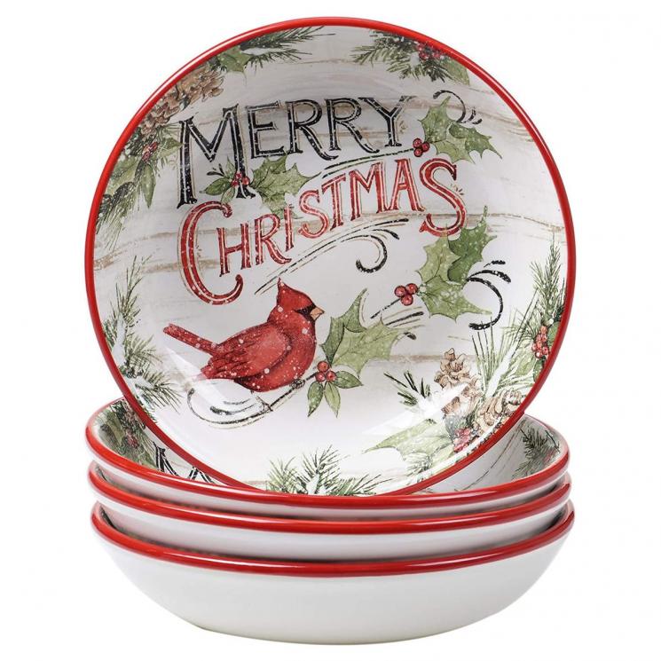 Тарелки для супа из керамики с рисунком птицы кардинала, 4 шт. "Прекрасное Рождество" Certified International - фото