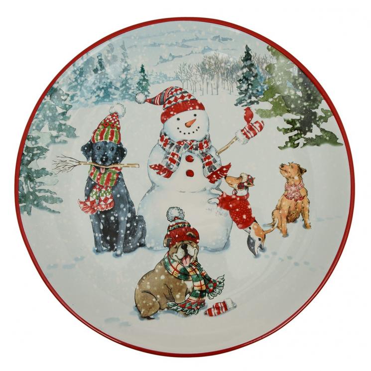 Круглое новогоднее блюдо с рисунком снеговика и собак "Рождественский подарок" Certified International - фото