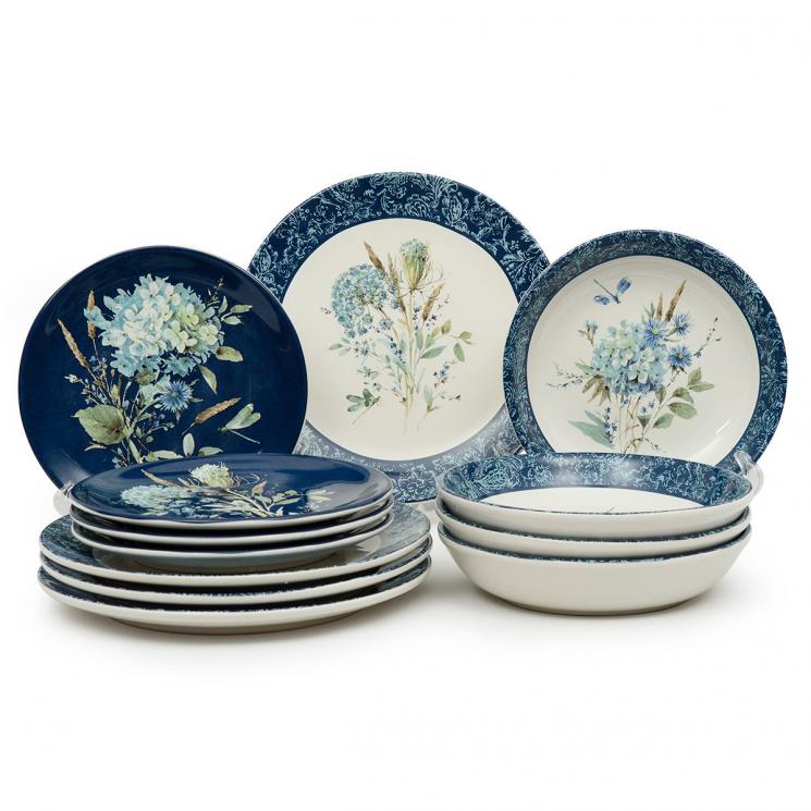 Столовый сервиз с тарелками для супа на 4 персоны с рисунками гортензий "Синие цветы Богемии" Certified International - фото