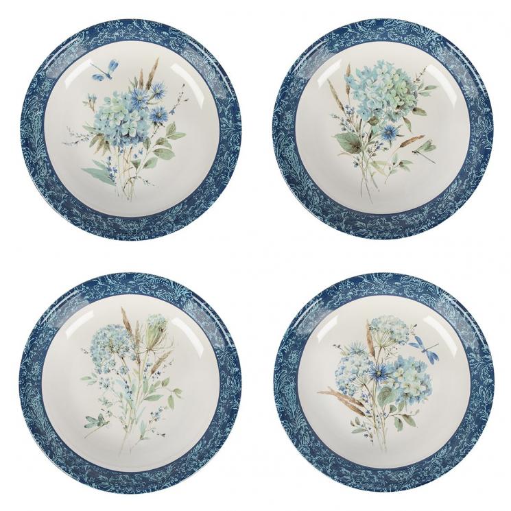 Керамические тарелки для супа с нежным флористическим узором, 4 шт. "Синие цветы Богемии" Certified International - фото