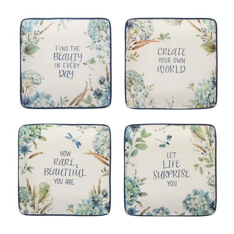 Набор из 4-х квадратных тарелок для закусок с вдохновляющими фразами "Синие цветы Богемии" Certified International - фото