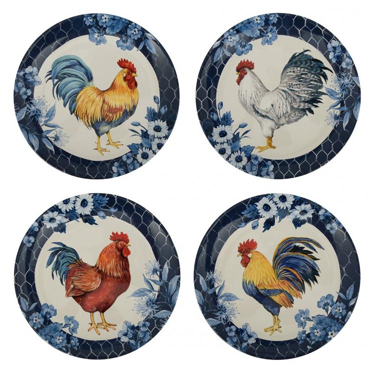 Набор ярких обеденных тарелок из керамики с синими ободками, 4 шт. "Петух Индиго" Certified International - фото