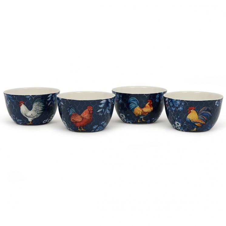 Набор из 4-х темно-синих пиал из керамики с изображениями птиц "Петух Индиго" Certified International - фото