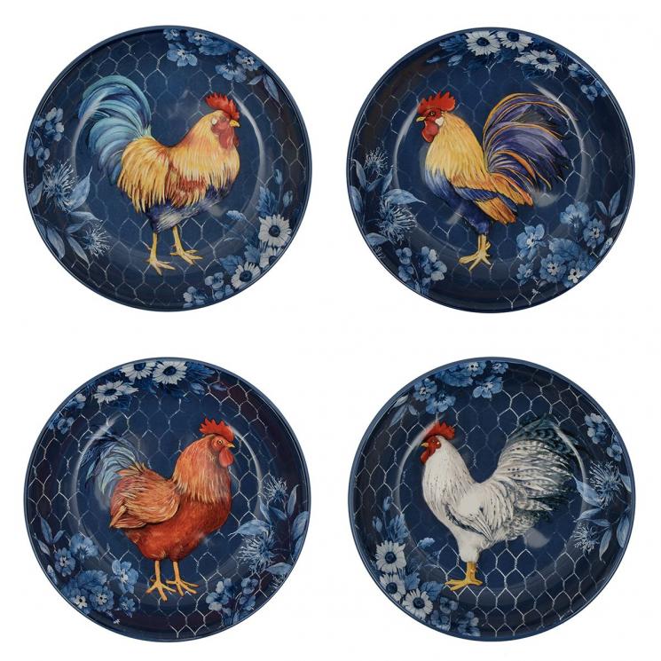 Набор из 4-х керамических суповых тарелок в деревенском стиле "Петух Индиго" Certified International - фото