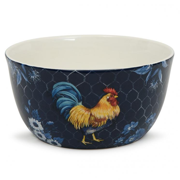Глубокий салатник из керамики насыщенного синего цвета с рисунком птицы "Петух Индиго" Certified International - фото