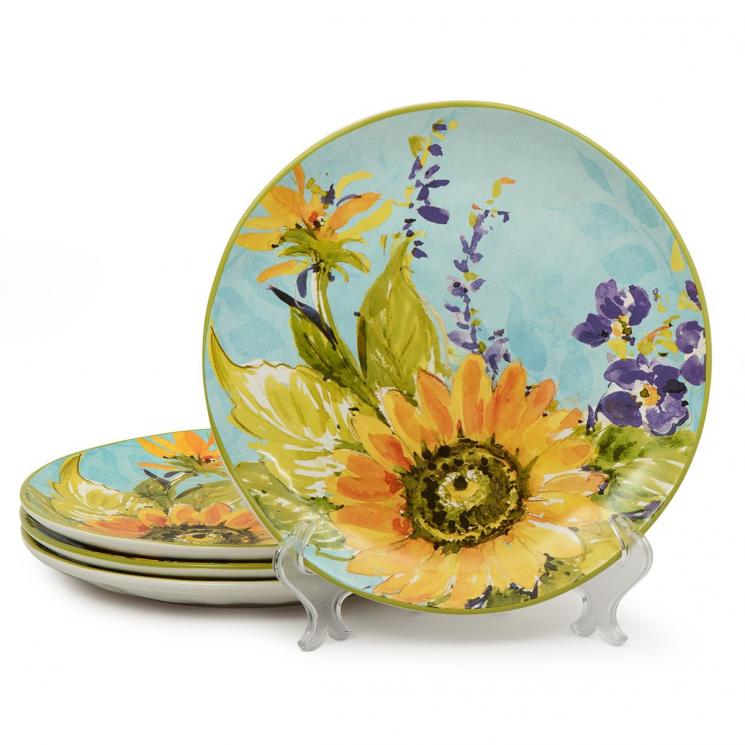 Набор голубых обеденных тарелок с ярким цветочным рисунком, 4 шт. "Солнечный сад" Certified International - фото