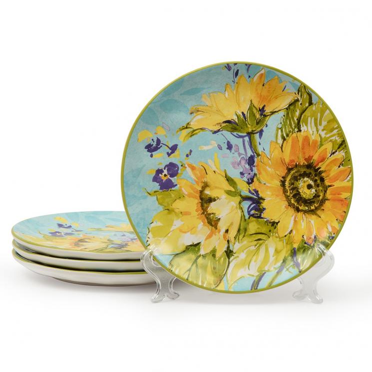 Набор из 4-х ярких тарелок для салата с изображением подсолнухов "Солнечный сад" Certified International - фото