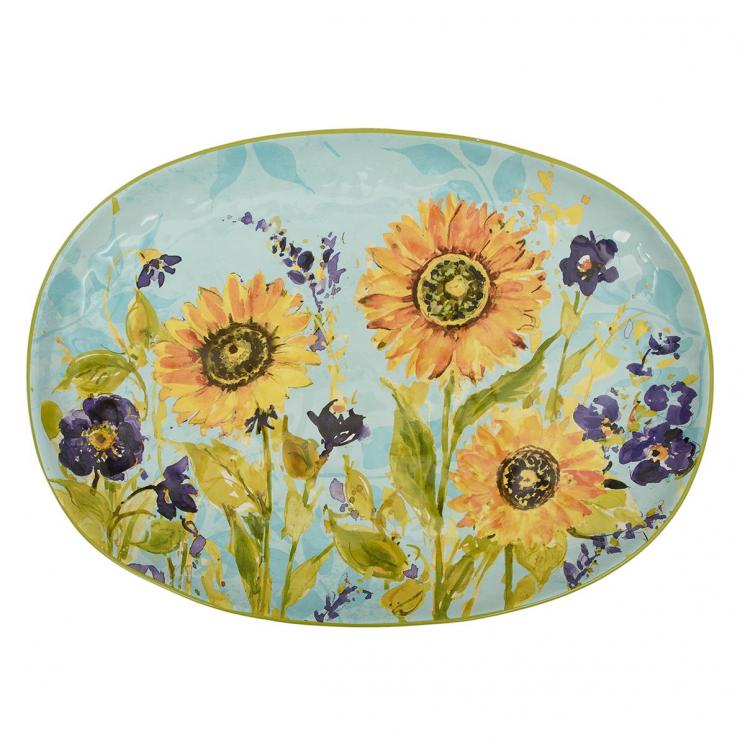Овальное блюдо из керамики голубого цвета с рисунком "Солнечный сад" Certified International - фото