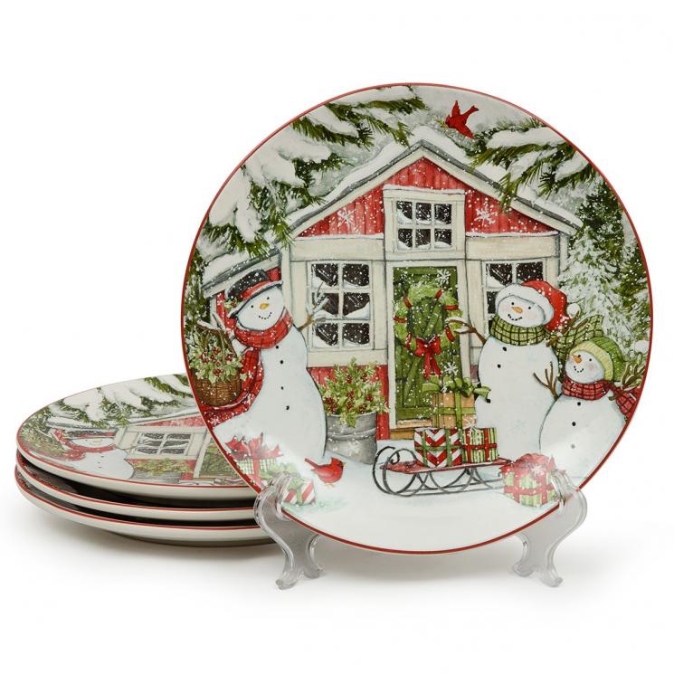 Обеденные новогодние тарелки с рисунком снеговиков с подарками "Рождественский домик" Certified International - фото