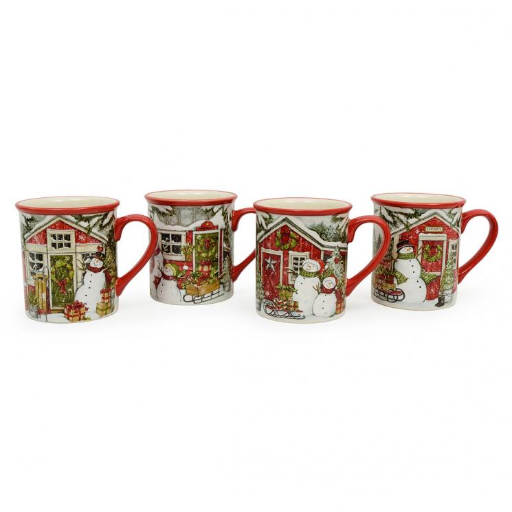 Яркие новогодние чайные чашки из прочной керамики "Рождественский домик", набор 4 шт. Certified International - фото