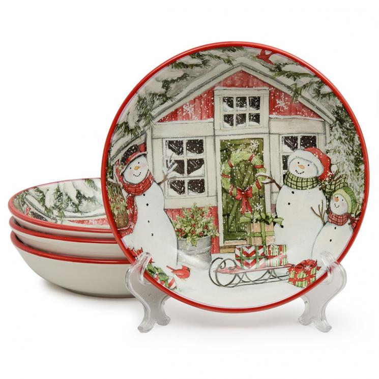 Новогодние суповые тарелки с изображением снеговиков "Рождественский домик" набор 4 шт. Certified International - фото
