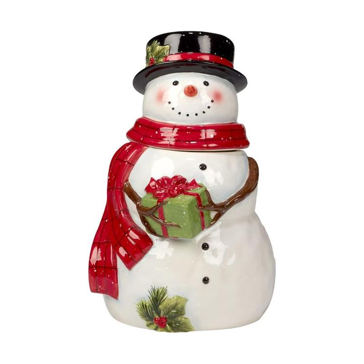 Емкость для сыпучих и печенья в виде снеговика с ручной росписью "Рождественский домик" Certified International - фото