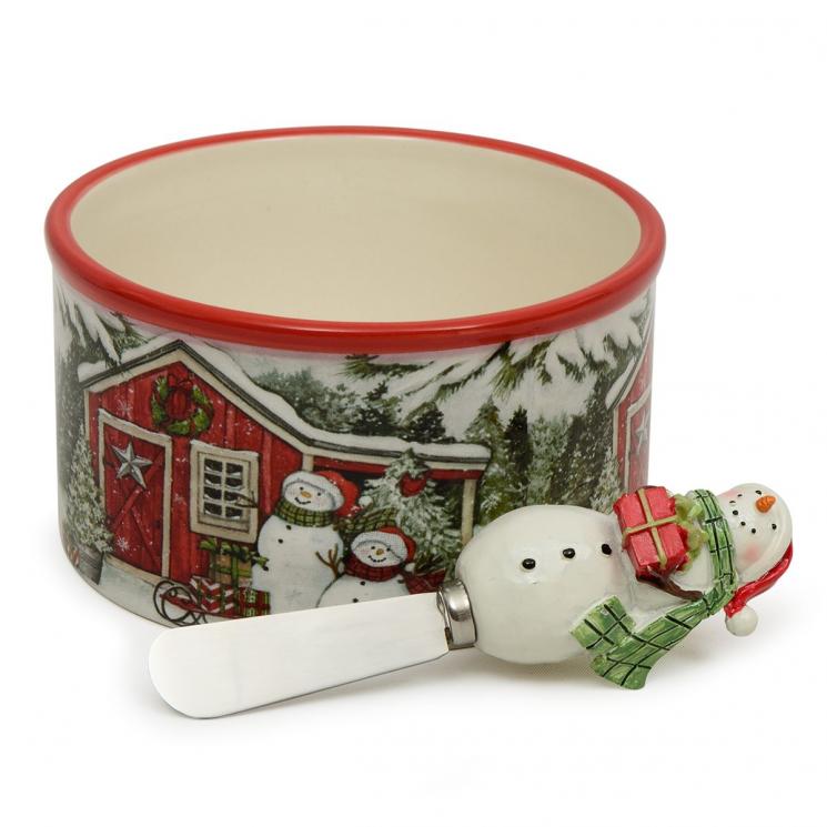 Керамическая пиала для паштета с ножом в виде снеговика "Рождественский домик" Certified International - фото