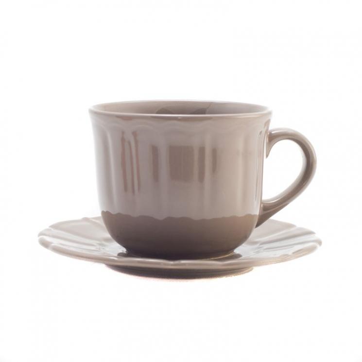 Большая чайная чашка с блюдцем из керамики серо-коричневого оттенка Ritmo Comtesse Milano - фото