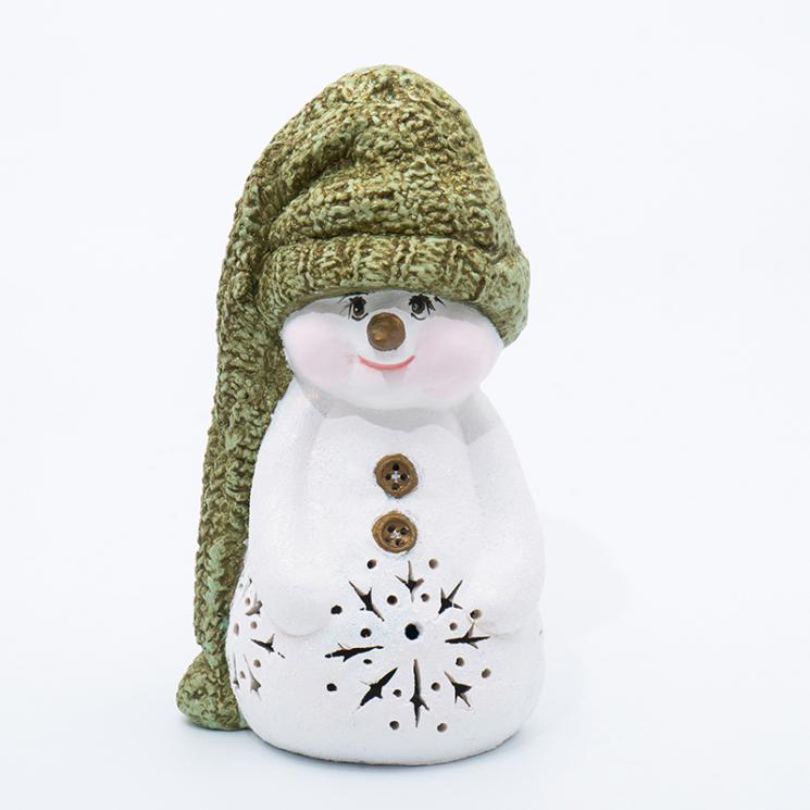 Небольшая статуэтка с LED-подсветкой «Снеговик в зеленой шапке» Villa Grazia - фото