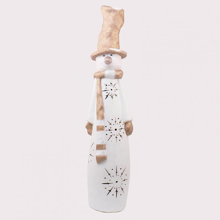 Высокая новогодняя статуэтка из керамики с LED-подсветкой «Снеговик в золотистой шляпе» Villa Grazia - фото