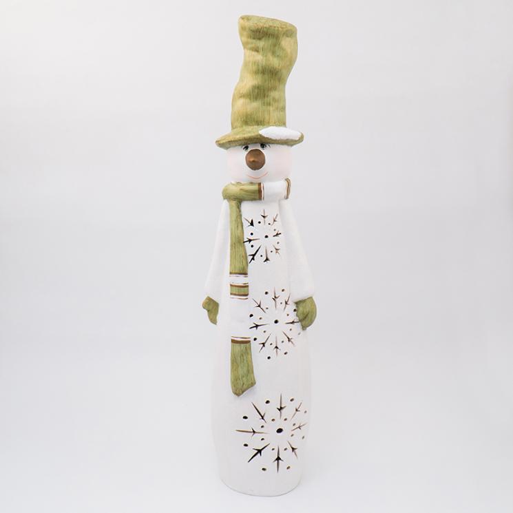Высокая новогодняя статуэтка из прочной керамики с LED-подсветкой «Снеговик в зеленой шляпе» Villa Grazia - фото