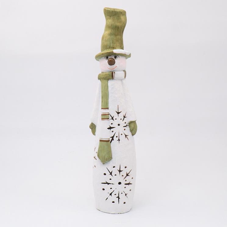 Оригинальная новогодняя статуэтка из керамики с LED-подсветкой «Снеговик в зеленой шляпе» Villa Grazia - фото