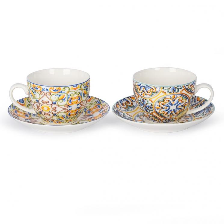 Набор чайных чашек и блюдец из фарфора с ярким орнаментом Medicea Brandani, 2 шт. - фото