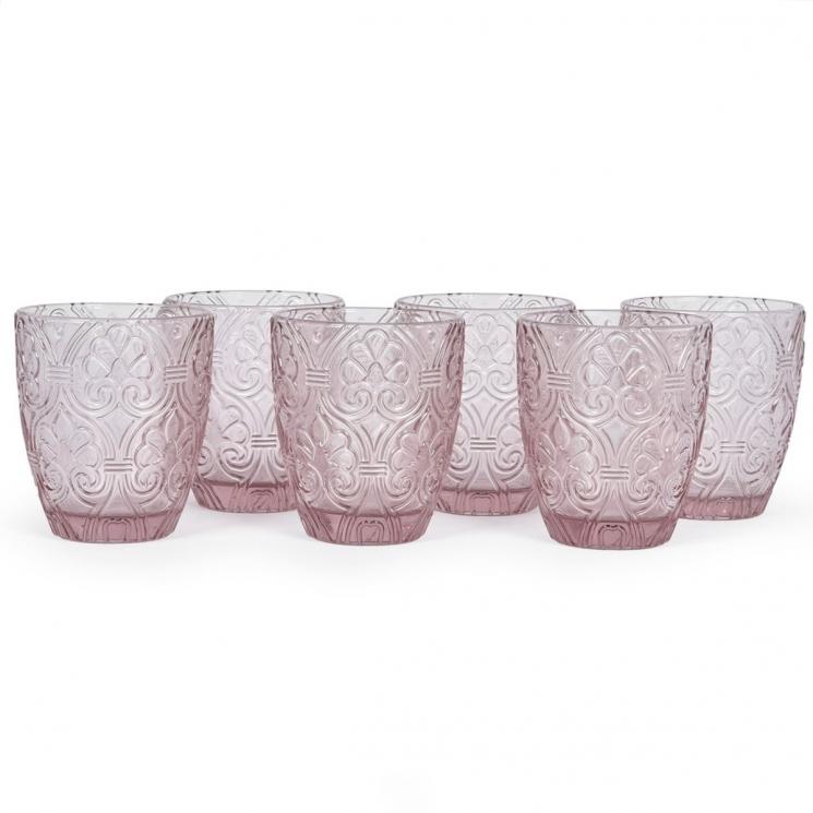 Набор из 6-ти стаканов из стекла розового цвета с рельефным орнаментом Corinto Maison - фото