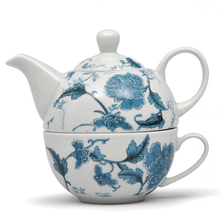 Фарфоровый чайный набор из чашки и заварника в бело-голубых тонах "Лазурный дракон" Maison - фото