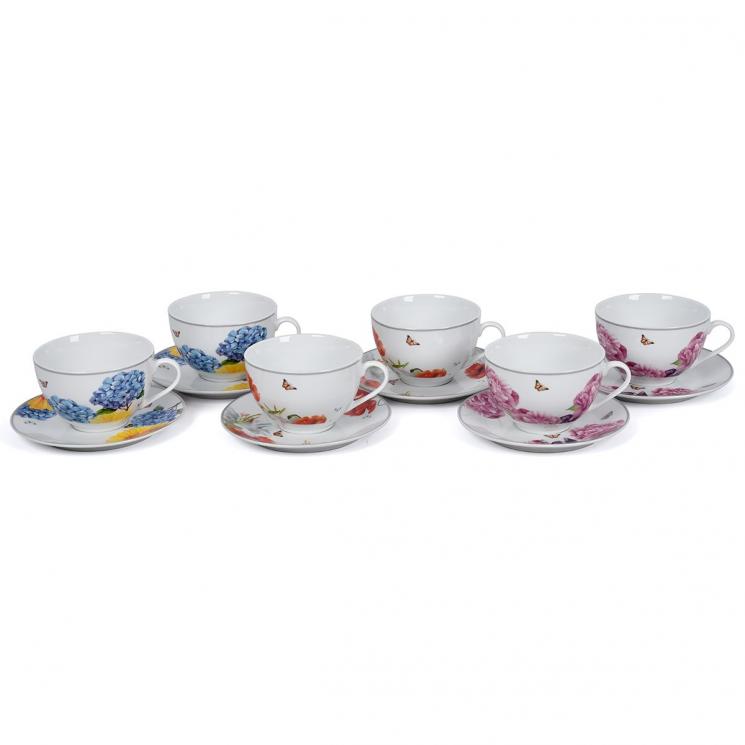 Чашки чайные с гортензией, пионами, маками, календулой, лилиями набор из 6-ти шт. Ikebana Maison - фото