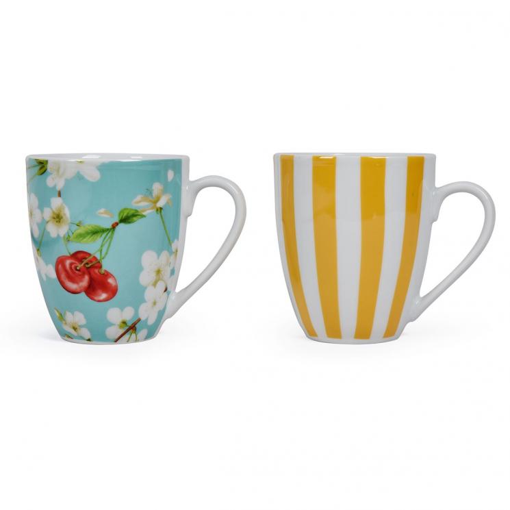 Набор чайных чашек 2 шт. рисунок с вишнями и желтыми полосами April Maison - фото