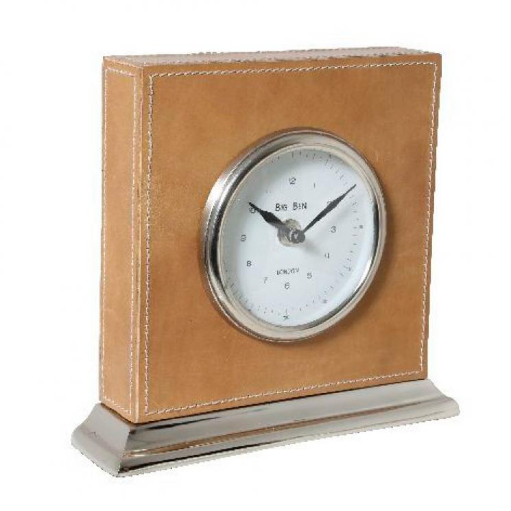 Настольные квадратные часы из коричневой кожи на никелевой подставке Light and Living - фото