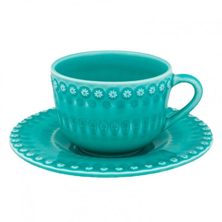 Чайная чашка с блюдцем из бирюзовой керамики с рельефом "Фантазия" Bordallo - фото