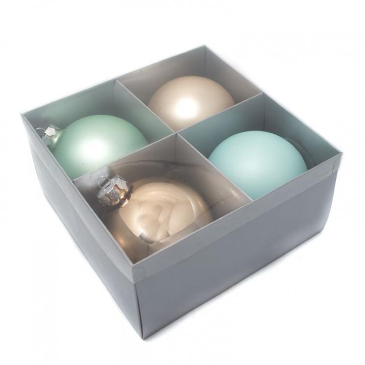 Комплект стеклянных шаров для новогодней ёлки бежевого и зеленого цвета, 4 шт. EDG - фото