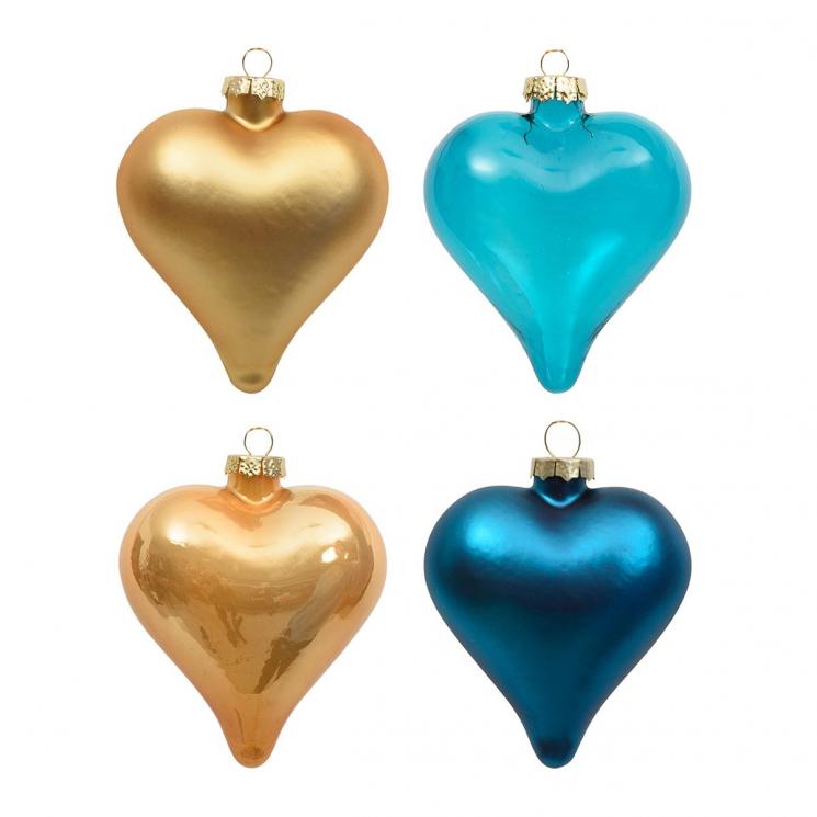 Набор из 4-х стеклянных ёлочных игрушек в виде сердец бежевого и голубого цветов EDG - фото