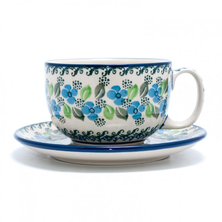 Чашка с блюдцем с синим цветочным узором "Вербена" Керамика Артистична - фото